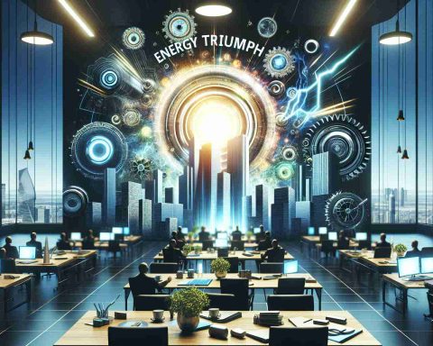 Render a high-definition, realistic image illustrating the concept of 'Energy Triumph'. Show a corporate environment where innovation is evident, with breakthroughs represented by dynamic style graphics or symbols signifying progressive energy solutions. The scene should evoke a sense of accomplishment, teasing a company that continually exceeds expectations.