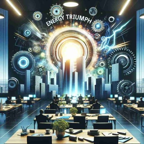 Render a high-definition, realistic image illustrating the concept of 'Energy Triumph'. Show a corporate environment where innovation is evident, with breakthroughs represented by dynamic style graphics or symbols signifying progressive energy solutions. The scene should evoke a sense of accomplishment, teasing a company that continually exceeds expectations.