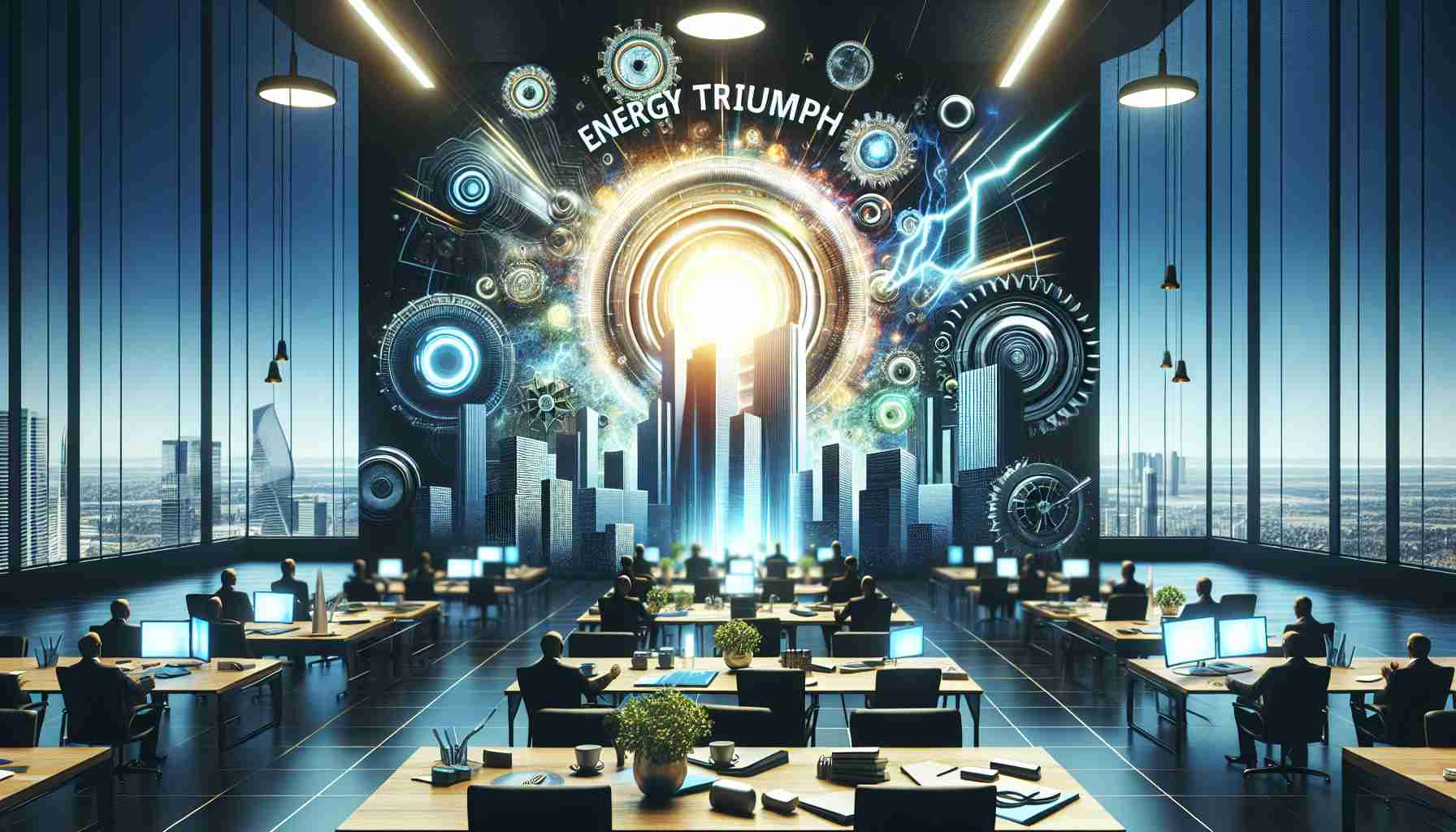 Render a high-definition, realistic image illustrating the concept of 'Energy Triumph'. Show a corporate environment where innovation is evident, with breakthroughs represented by dynamic style graphics or symbols signifying progressive energy solutions. The scene should evoke a sense of accomplishment, teasing a company that continually exceeds expectations.