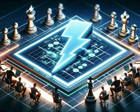 A realistic high-definition image of a conceptual representation indicating a significant change in a hypothetical energy company. This change is represented by an illuminated lightning bolt symbol, illustrating the 'shocking shift'. Nearby, another section reveals a group of analysts huddled around a strategic board, making bold and out-of-the-box propositions, as symbolized by large, 3D chess pieces.