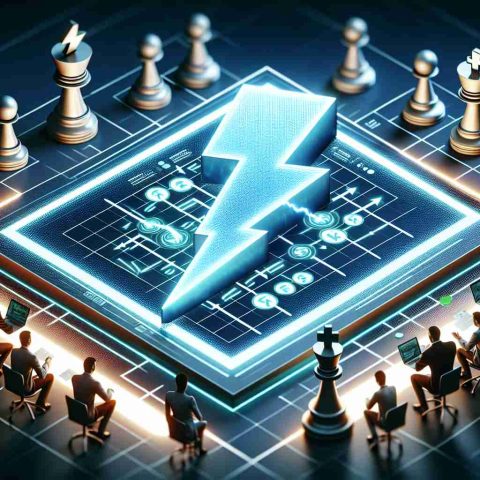 A realistic high-definition image of a conceptual representation indicating a significant change in a hypothetical energy company. This change is represented by an illuminated lightning bolt symbol, illustrating the 'shocking shift'. Nearby, another section reveals a group of analysts huddled around a strategic board, making bold and out-of-the-box propositions, as symbolized by large, 3D chess pieces.