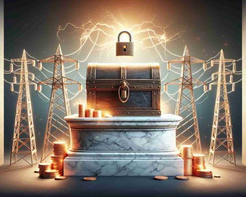 Produce a high-definition depiction of an investment strategy metaphor. Display a locked treasure chest symbolizing 'The Secret to Powerful Returns' on a marble pedestal. Surrounding the pedestal are three high-voltage electrical towers representing 'Three Energy Stocks You Can't Ignore'. Illustrate the scene in realism and ensure everything is in HD quality.