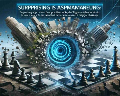 A hyper-realistic high-definition illustration representing a significant shift in an industry. This implicates surprising appointments of key figures to new roles that have caused a major shake-up. Capture the concept of change, surprise, and rebirth within the industry. The image can include representations such as a metaphorical earthquake shaking a cityscape, a chessboard with pieces being rearranged, or gears in a machine being switched around, indicating change and movement.