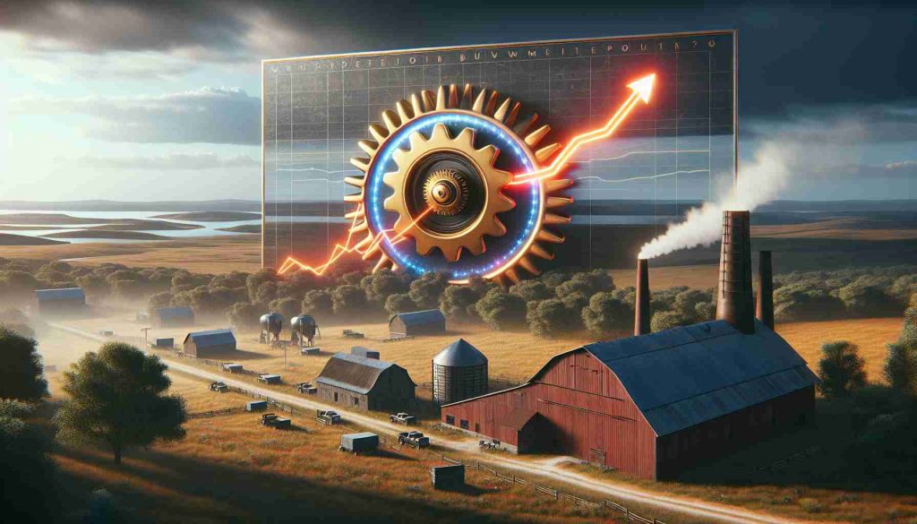 A high-definition, realistic image depicting the concept of unexpected job growth being powered in the heartland of America. The scene should emphasize the surprise element and hint at a revolution underway, maybe through symbols like a rotating gear or rising graph portraying growth, amidst the setting of the rural American heartland.