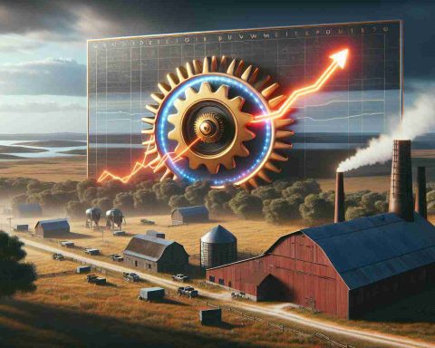 A high-definition, realistic image depicting the concept of unexpected job growth being powered in the heartland of America. The scene should emphasize the surprise element and hint at a revolution underway, maybe through symbols like a rotating gear or rising graph portraying growth, amidst the setting of the rural American heartland.