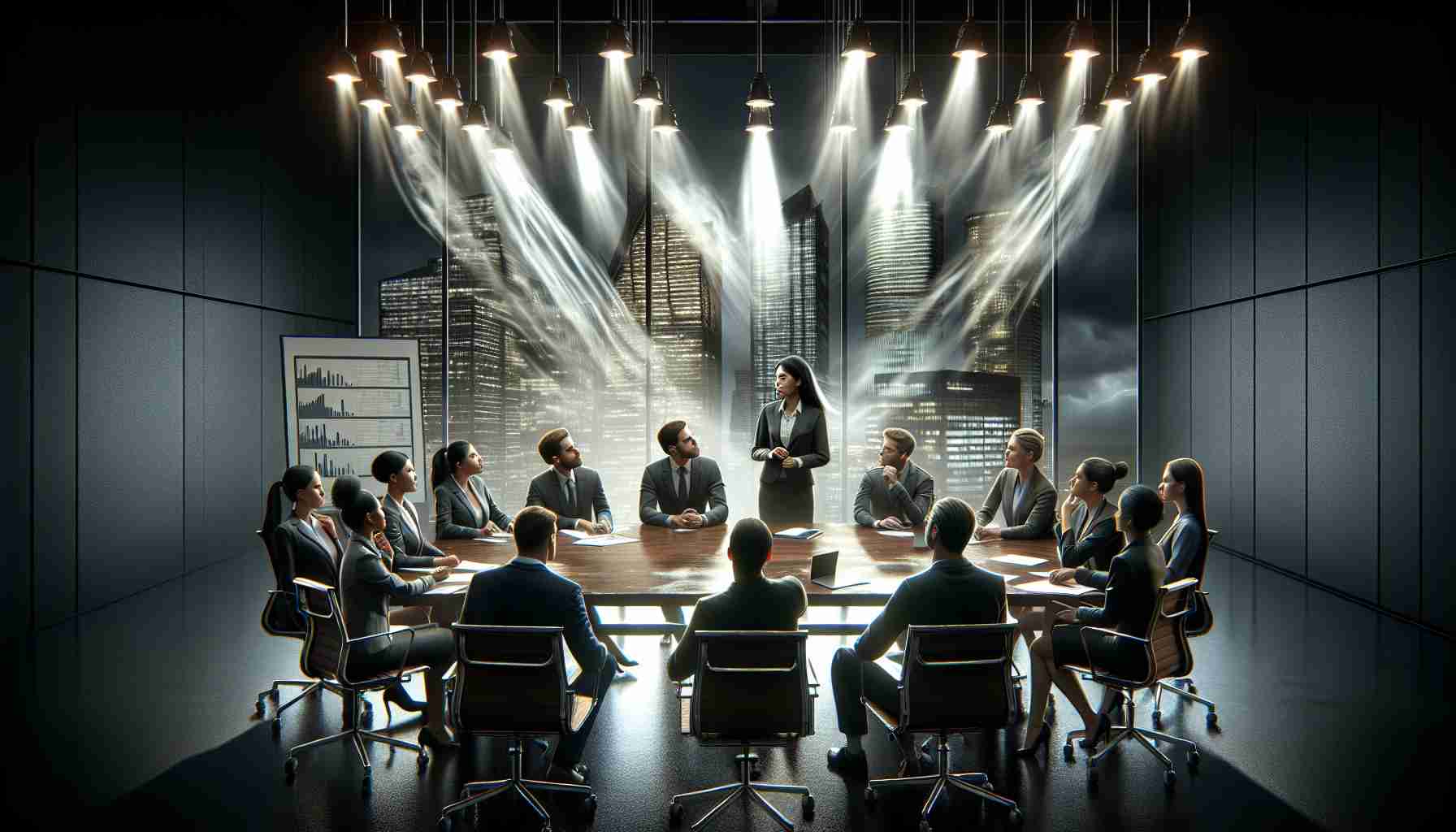 High-definition realistic representation of an impactful business deal happening. Show diverse groups of individuals gathered around a long office table filled with documents and laptops, perhaps a South Asian female manager presenting to an attentive team which includes a Hispanic man and a Caucasian woman. Stark lighting from suspended ceiling lights, tension palpable in the air, faces glowing with anticipation about the potentially groundbreaking deal. On the backdrop, wind blowing through tall glass buildings symbolizing 'blow your mind'. On a wall, a framed timeline visually outlines how the deal all began.