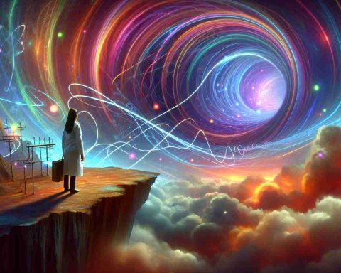 Create an HD conceptual illustration that metaphorically represents the question 'Are We Ready for the Quantum Leap?' Imagine a scientist, who is of Hispanic descent and female, standing at the edge of a cliff. Below her, a vast, swirling vortex of quantum particles gives off rainbow-hued lights. She nervously contemplates whether to jump in, symbolizing mankind's trepidation in embracing quantum technology.