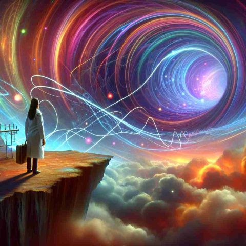 Create an HD conceptual illustration that metaphorically represents the question 'Are We Ready for the Quantum Leap?' Imagine a scientist, who is of Hispanic descent and female, standing at the edge of a cliff. Below her, a vast, swirling vortex of quantum particles gives off rainbow-hued lights. She nervously contemplates whether to jump in, symbolizing mankind's trepidation in embracing quantum technology.