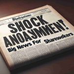 High-resolution image of a dramatic headline in a newspaper reading 'Shock Announcement! Big News for Shareholders', implying a major change or event. The paper should appear realistic, capturing the texture and color of traditional newsprint, and the headline should be in bold, black, eye-catching font inviting its readers to further explore the news within.