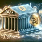 A high-resolution, realistic image representing the concept of 'Banking on the Future'. It features physical symbols that might indicate the essence of a cryptocurrency platform like Coinbase. Perhaps an image of an old-fashioned bank morphing or fading into a digital representation of a bitcoin, symbolizing the juxtaposition and transition between old forms of banking with new ones.