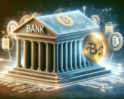 A high-resolution, realistic image representing the concept of 'Banking on the Future'. It features physical symbols that might indicate the essence of a cryptocurrency platform like Coinbase. Perhaps an image of an old-fashioned bank morphing or fading into a digital representation of a bitcoin, symbolizing the juxtaposition and transition between old forms of banking with new ones.