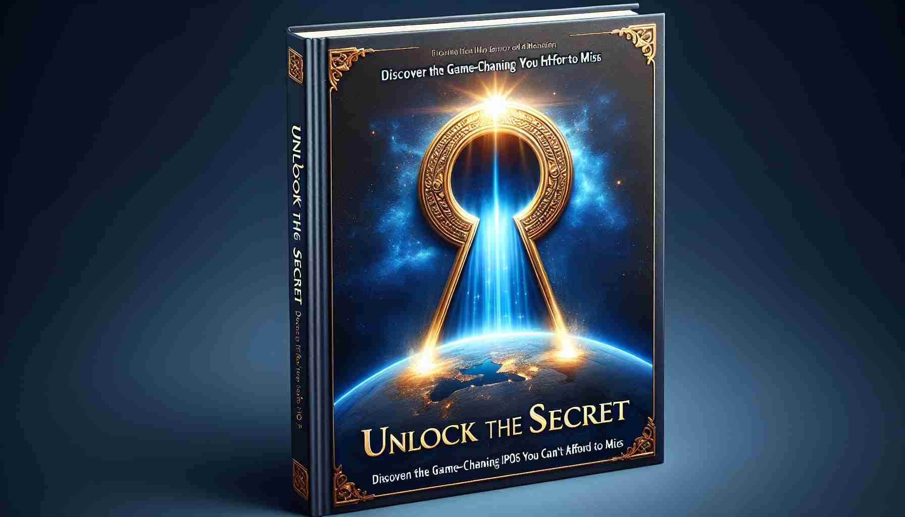 Image of a realistic HD book cover titled 'Unlock the Secret: Discover the Game-Changing IPOs You Can't Afford to Miss'. The cover is captivating, featuring a large keyhole in the center, from which rays of golden light are escaping. The background is a rich dark blue fading into black at the edges, emulating the universe, symbolizing vast opportunities. The title is bold and golden at the top, while the subtitle is in smaller, silver colored font below the keyhole.