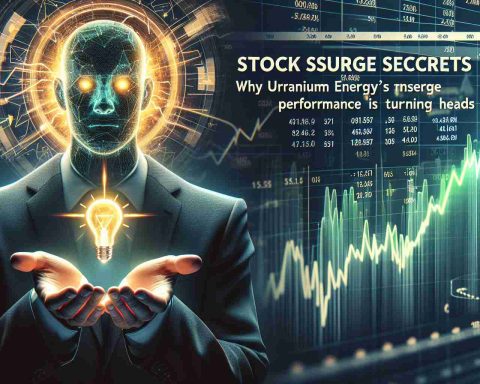 Create a detailed high-definition illustration showcasing the concept of 'Stock Surge Secrets'. Overlay this image with text that reads 'Why Uranium Energy’s Performance is Turning Heads'. The focus of the image should be on the theme of energy, specifically uranium, and the associated stock performance. It should visually convey a sense of intrigue and growth, associated with the 'surge' in the stock.