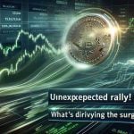 Produce a high definition, realistic image of a surge in the stock market, focused on an abstract digital coin soaring upwards. The background presents a live stock market data display with emphasis on green, indicating an uptrend. Include a banner headline that reads, 'Unexpected Rally! What's driving the surge?'