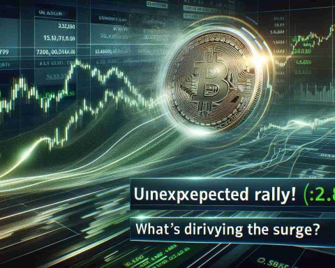 Produce a high definition, realistic image of a surge in the stock market, focused on an abstract digital coin soaring upwards. The background presents a live stock market data display with emphasis on green, indicating an uptrend. Include a banner headline that reads, 'Unexpected Rally! What's driving the surge?'