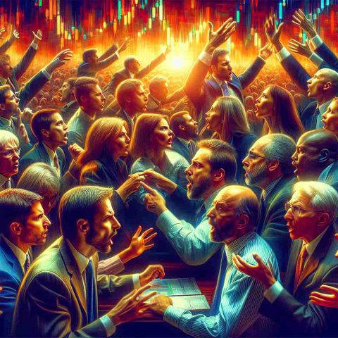 A vivid, high-definition image of a group of stock market analysts in a state of disagreement. The image features a diverse mix of analysts, with some of them advocating for holding onto stocks while the others are arguing in favor of buying. The analysts are of different descents and genders. The rich emotion and tension in the image is palpable, as viewers can almost hear the passionate debates and see the shocking verdict that emerges. The atmosphere is filled with unpredictability, demonstrating the volatile nature of the stock market.