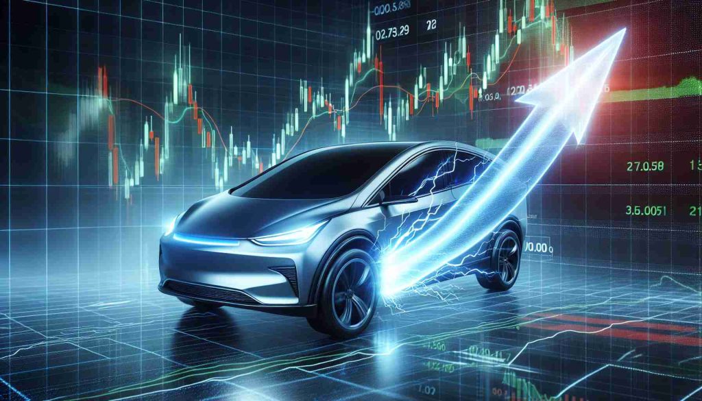 Realistic HD image of a stock chart showcasing an unexpected leap in the shares of a major electric car company, symbolically represented by an electrifying bolt or surge imagery.