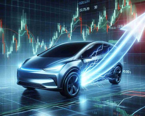 Realistic HD image of a stock chart showcasing an unexpected leap in the shares of a major electric car company, symbolically represented by an electrifying bolt or surge imagery.