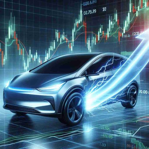 Realistic HD image of a stock chart showcasing an unexpected leap in the shares of a major electric car company, symbolically represented by an electrifying bolt or surge imagery.