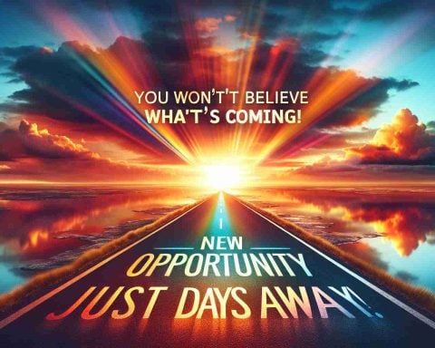 Generate a realistic high-definition image with text overlay that states 'You Won’t Believe What’s Coming! New Opportunity Just Days Away'. The background should be a vibrant sunrise with its warm hues reflecting on a calm body of water, symbolizing new beginnings. Add an open road stretching out into the distance, representing the journey towards the new opportunities that lie ahead.