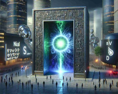 A high-definition, realistic image representing the concept of 'Unlocking the Future', visualized as a mystical large door standing in the middle of a futuristic cityscape. The door is laden with intricate designs that pay homage to advanced technology and art of artificial intelligence. A powerful energy, represented as a vibrant green-colored lightning, emanates from the door, symbolizing the power of AI. Near the door, there's a crowd of people from diverse descents and genders, watching in awe. Nearby, stands an emblematic building marked with letters 'N', 'V', 'D', 'I' in a non-copyright-infringing font style, symbolizing a tech company that's gaining attention.