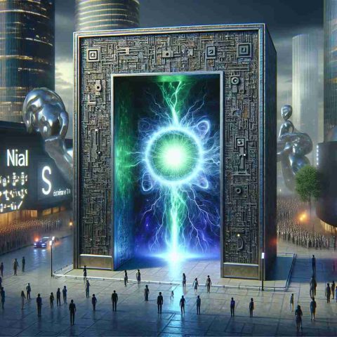 A high-definition, realistic image representing the concept of 'Unlocking the Future', visualized as a mystical large door standing in the middle of a futuristic cityscape. The door is laden with intricate designs that pay homage to advanced technology and art of artificial intelligence. A powerful energy, represented as a vibrant green-colored lightning, emanates from the door, symbolizing the power of AI. Near the door, there's a crowd of people from diverse descents and genders, watching in awe. Nearby, stands an emblematic building marked with letters 'N', 'V', 'D', 'I' in a non-copyright-infringing font style, symbolizing a tech company that's gaining attention.