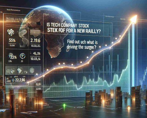 Realistic high-definition image of a graph, illustrating a surge in a generic technology company's stocks. The caption reads, 'Is tech company stock set for a new rally? Find out what's driving the surge.' The graph displays an ascending line representing stock value trend, with various indicators and infographics related to stock market performance.