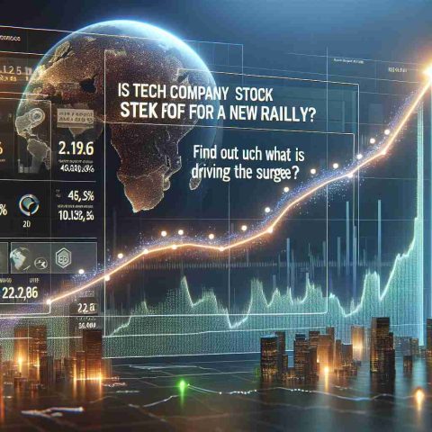 Realistic high-definition image of a graph, illustrating a surge in a generic technology company's stocks. The caption reads, 'Is tech company stock set for a new rally? Find out what's driving the surge.' The graph displays an ascending line representing stock value trend, with various indicators and infographics related to stock market performance.