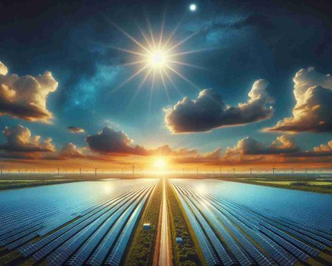 Generate a realistic high-definition image of a massive solar array, beautifully stretching across a vast field under the clear blue sky. This is a shining symbol of the green revolution taking place in the Mississippi region. The solar panels are neatly arranged in straight rows, glittering in the midday sun. A few white clouds are scattered in the sky, contrasting with the blue. The surrounding landscape is filled with green, giving the picture a tranquil yet energizing feel.