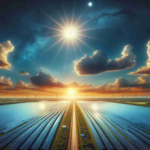 Generate a realistic high-definition image of a massive solar array, beautifully stretching across a vast field under the clear blue sky. This is a shining symbol of the green revolution taking place in the Mississippi region. The solar panels are neatly arranged in straight rows, glittering in the midday sun. A few white clouds are scattered in the sky, contrasting with the blue. The surrounding landscape is filled with green, giving the picture a tranquil yet energizing feel.