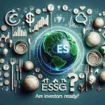 Create an image that symbolizes the intersection of ESG (Environmental, Social, and Corporate Governance) factors and Wall Street. This could include traditional indicators of the financial market such as stock graphs, investment icons, and currency symbols, juxtaposed with symbols of sustainable practices signifying ESG elements. Alongside, include thought bubbles or question marks to symbolize 'Are Investors Ready?' query. Render all of this in HD quality with realistic detailing.