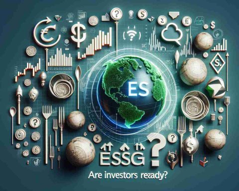 Create an image that symbolizes the intersection of ESG (Environmental, Social, and Corporate Governance) factors and Wall Street. This could include traditional indicators of the financial market such as stock graphs, investment icons, and currency symbols, juxtaposed with symbols of sustainable practices signifying ESG elements. Alongside, include thought bubbles or question marks to symbolize 'Are Investors Ready?' query. Render all of this in HD quality with realistic detailing.