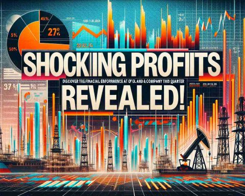 Generate a hyper-realistic, high-definition image of a news headline with bold, eye-catching graphics that proclaim, 'Shocking Profits Revealed! Discover the Financial Performance of a Major Oil and Gas Company This Quarter.' The image should have a sense of urgency and excitement, perhaps using strong, contrasting colors and font styles to draw attention. The background could feature abstract depictions of financial charts, oil drilling rigs, or corporate buildings to tie into the theme of the announcement.