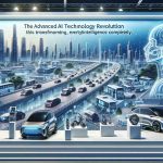 A detailed image illustrating the advanced AI technology revolution brought about by a leading electric vehicle manufacturer. Show this revolution as transforming everyday life completely. The display should include a cityscape with futuristic-looking vehicles, infrastructure and devices showcasing artificial intelligence at work. The style should be hyper-realistic and high-definition.