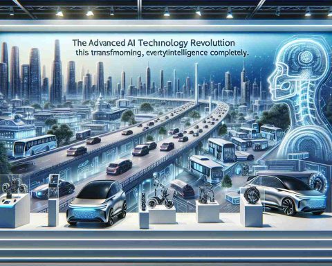 A detailed image illustrating the advanced AI technology revolution brought about by a leading electric vehicle manufacturer. Show this revolution as transforming everyday life completely. The display should include a cityscape with futuristic-looking vehicles, infrastructure and devices showcasing artificial intelligence at work. The style should be hyper-realistic and high-definition.