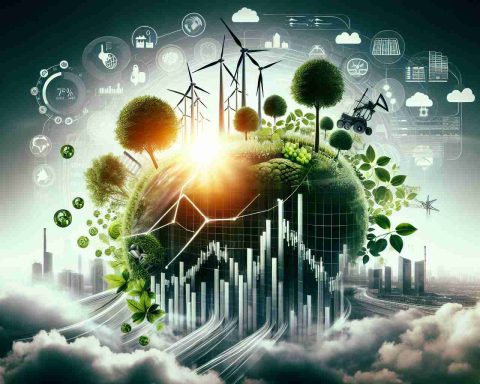 Generate a realistic HD photo that visualizes the theme of 'Transforming Finance: A New Era Begins'. Include images that represent a shift into greener, more sustainable practices, perhaps a graph showing a significant movement toward investments in green energy over time. You could also incorporate symbols of green energy like wind turbines, solar panels, or biofuels, against a backdrop of flourishing green plant life, representing a healthier planet. The visual elements should invoke a sense of transformation, hidden potential, and bright future prospects in the field of green energy investments.