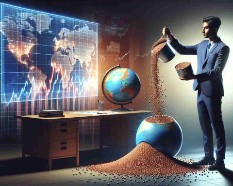 Create a realistic, high-definition representation of a symbolic scene showcasing an investor figuratively 'spilling the beans'. Picture a South Asian male investor in a business suit, standing beside a chart or screen that's depicting falling stock prices. The investor is whisking a container filled with beans, which symbolizes the investor spilling the secrets. As the beans fall, they transform into a shockwave that seems to disrupt the global map displayed on a globe standing nearby. Use light and shadow technique to emphasize the dramatic nature of this scene.