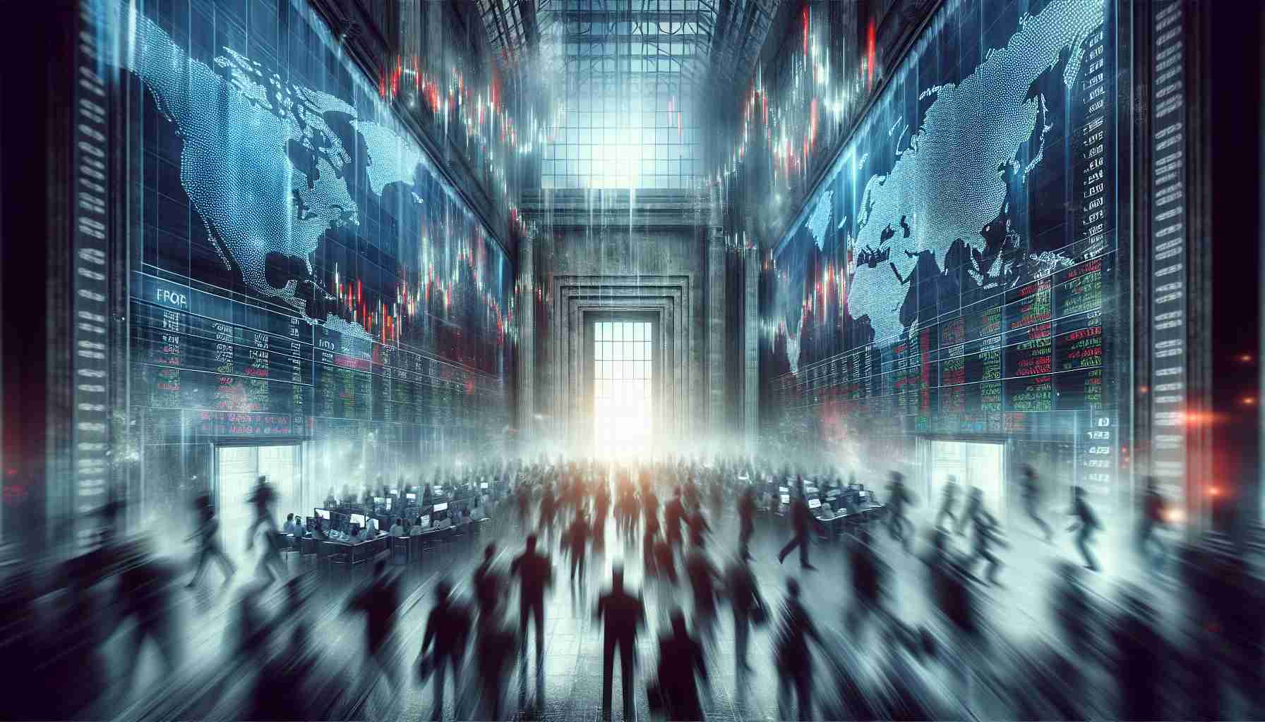 Create a high-definition, realistic image depicting the concept of a turbulent and mysterious stock market. The scene should include intense trading action, people hurriedly buying and selling stocks, and a large screen displaying fluctuating market values. The atmosphere should convey a sense of urgency and disarray, representing a selling frenzy.