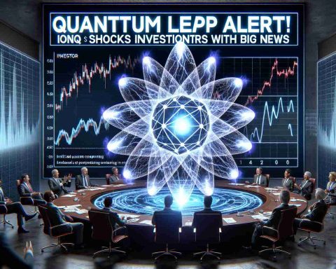 High definition image representing the conceptual idea of exciting news in the domain of quantum computing. Imagine a symbolic icon of ionized quantum energy depicted in a bold, electrifying manner, signifying the 'Quantum Leap'. Surround the main symbol with evidences of investor intrigue and surprise, such as graph charts spiking upwards, plush meetings rooms filled with business professionals exhibiting shock and awe. The text 'Quantum Leap Alert! IonQ Shocks Investors with Big News' is prominently displayed.