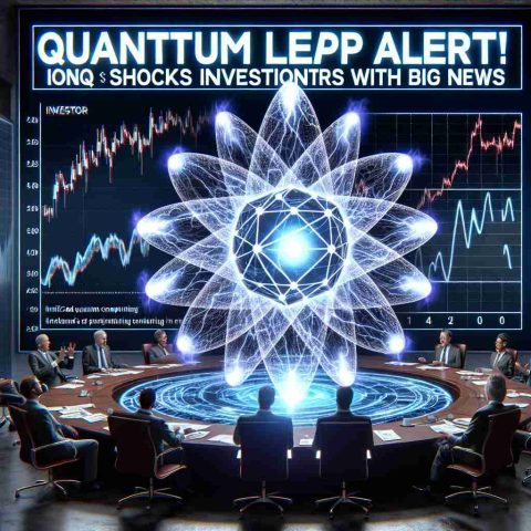 High definition image representing the conceptual idea of exciting news in the domain of quantum computing. Imagine a symbolic icon of ionized quantum energy depicted in a bold, electrifying manner, signifying the 'Quantum Leap'. Surround the main symbol with evidences of investor intrigue and surprise, such as graph charts spiking upwards, plush meetings rooms filled with business professionals exhibiting shock and awe. The text 'Quantum Leap Alert! IonQ Shocks Investors with Big News' is prominently displayed.