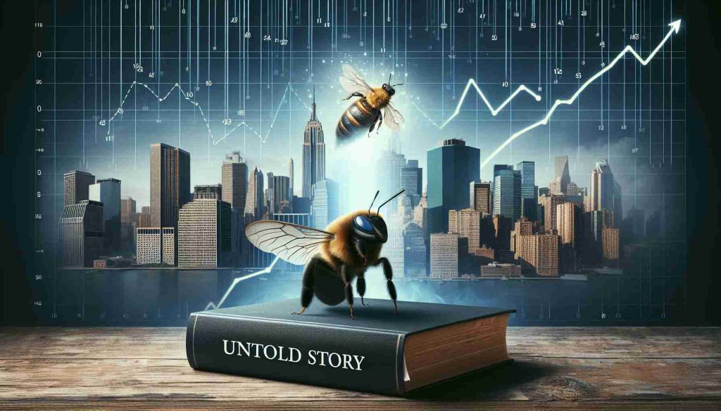 Create a photorealistic image representing the concept of a 'untold story'. Show a faded city skyline as the backdrop, illustrating the power market. Have data charts and line graphs floating in the air, suggesting market trends. In the foreground, include a hardbound book titled 'The Untold Story of RPower' with a loud buzzing bee hovering around it, symbolising the market buzz.