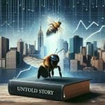 Create a photorealistic image representing the concept of a 'untold story'. Show a faded city skyline as the backdrop, illustrating the power market. Have data charts and line graphs floating in the air, suggesting market trends. In the foreground, include a hardbound book titled 'The Untold Story of RPower' with a loud buzzing bee hovering around it, symbolising the market buzz.