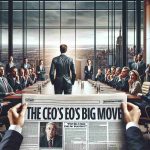 Generate a realistic HD image of a major corporate event. The scene should involve a Caucasian male CEO, surrounded by a diverse group of corporate professionals showing various emotions: curiosity, anxiety, anticipation. They are in a lavish boardroom with a panoramic city view. In the foreground, there is a newspaper with a headline that reads: 'The CEO's Big Move. What Does It Mean for Investors?'