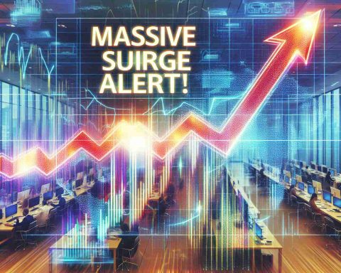 A vivid, high definition composition embodying the concept of a massive surge in investment for a major energy firm. Perhaps depict a graph with an escalating upward trajectory, representing the significant uptick in investment. The graph could be overlaid on a bustling office scene, symbolizing the energy and activity of the firm. The words 'Massive Surge Alert!' can be prominently displayed within the image, amplifying the sense of urgency and excitement surrounding the situation.