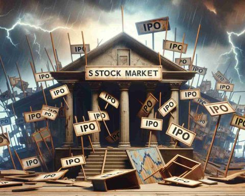 An image depicting a metaphorical representation of the stock market experiencing a fall. The main focus is the symbol of the stock market, like a physical market full of independent stalls with 'IPO' sign boards attached to them. Some stalls marked 'IPO' are visibly in distress, with signs falling over or in a state of decay suggesting they have taken a hit. The background could contain a stormy sky to illustrate the cause of the downturn, implying that a rough economic climate is responsible. The aesthetic should be very realistic and high-definition.