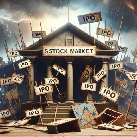 An image depicting a metaphorical representation of the stock market experiencing a fall. The main focus is the symbol of the stock market, like a physical market full of independent stalls with 'IPO' sign boards attached to them. Some stalls marked 'IPO' are visibly in distress, with signs falling over or in a state of decay suggesting they have taken a hit. The background could contain a stormy sky to illustrate the cause of the downturn, implying that a rough economic climate is responsible. The aesthetic should be very realistic and high-definition.