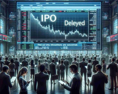 Generate a realistic, high-definition image representing a major initial public offering (IPO) listing delayed. The scene should show a large screen displaying a stock market dashboard with a prominent 'IPO Delayed' message. Around, various investors appear concerned- some reading the news on their mobile devices, others sharing worried glances, and a few studying the dashboard with furrowed brows. A news ticker running at the bottom of the screen reveals a headline stating 'Find Out Why Investors Are Concerned'. To enhance the atmosphere, the image should have a solemn and tense mood.