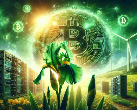 A photorealistic composition that metaphorically depicts the concept of 'Iris Energy Limited' as a leading green Bitcoin miner. Show a vibrant, lush iris flower in the foreground, radiating energy. In the background, include the silhouette of traditional mining equipment replaced by advanced computers and servers. The environment should be filled with green hues, signifying eco-friendliness. Similarly, embedded in the scene are Bitcoin symbols offset by a distant, powerful renewable energy source such as a wind turbine or solar panels.