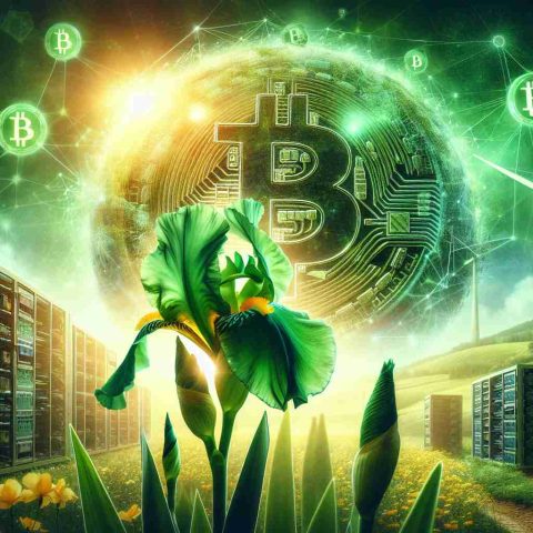 A photorealistic composition that metaphorically depicts the concept of 'Iris Energy Limited' as a leading green Bitcoin miner. Show a vibrant, lush iris flower in the foreground, radiating energy. In the background, include the silhouette of traditional mining equipment replaced by advanced computers and servers. The environment should be filled with green hues, signifying eco-friendliness. Similarly, embedded in the scene are Bitcoin symbols offset by a distant, powerful renewable energy source such as a wind turbine or solar panels.