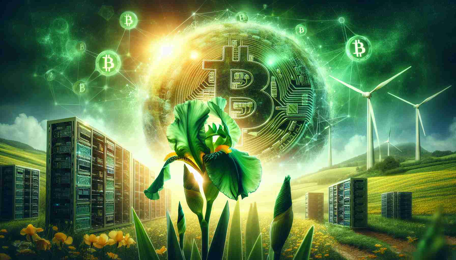 A photorealistic composition that metaphorically depicts the concept of 'Iris Energy Limited' as a leading green Bitcoin miner. Show a vibrant, lush iris flower in the foreground, radiating energy. In the background, include the silhouette of traditional mining equipment replaced by advanced computers and servers. The environment should be filled with green hues, signifying eco-friendliness. Similarly, embedded in the scene are Bitcoin symbols offset by a distant, powerful renewable energy source such as a wind turbine or solar panels.